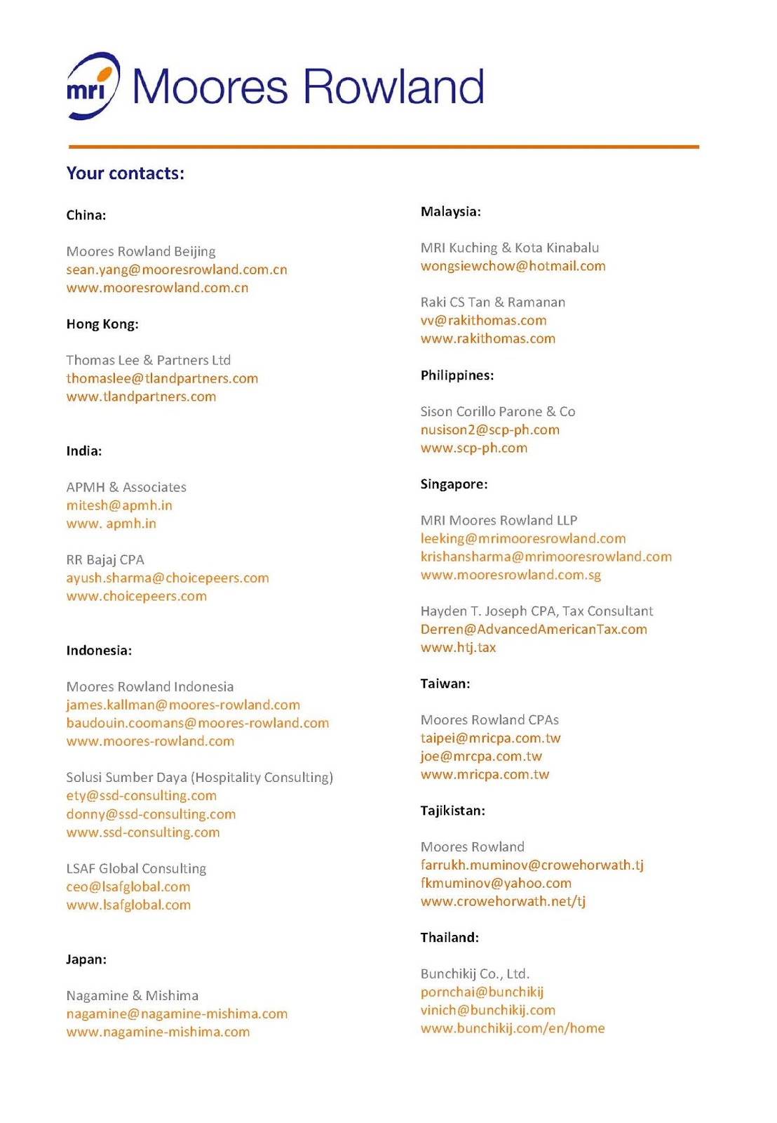 Moores Rowland logo and contact information for various international offices.