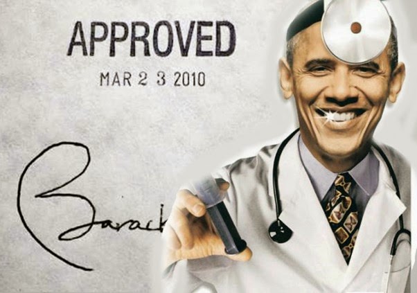 Barack Obama dressed as a doctor holding a vial, with "APPROVED MAR 2 3 2010" stamped behind him.