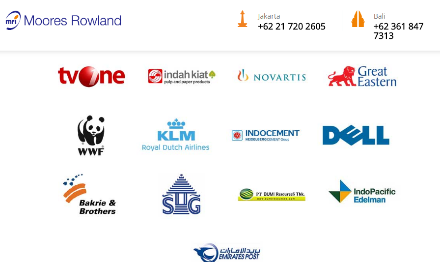 Moores Rowland logo and client logos including TV One, WWF, KLM, Dell, and Emirates Post.
