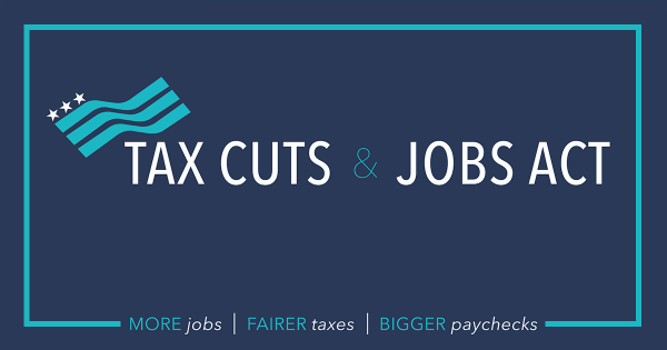 Tax Cuts & Jobs Act text with an American flag graphic and slogans.