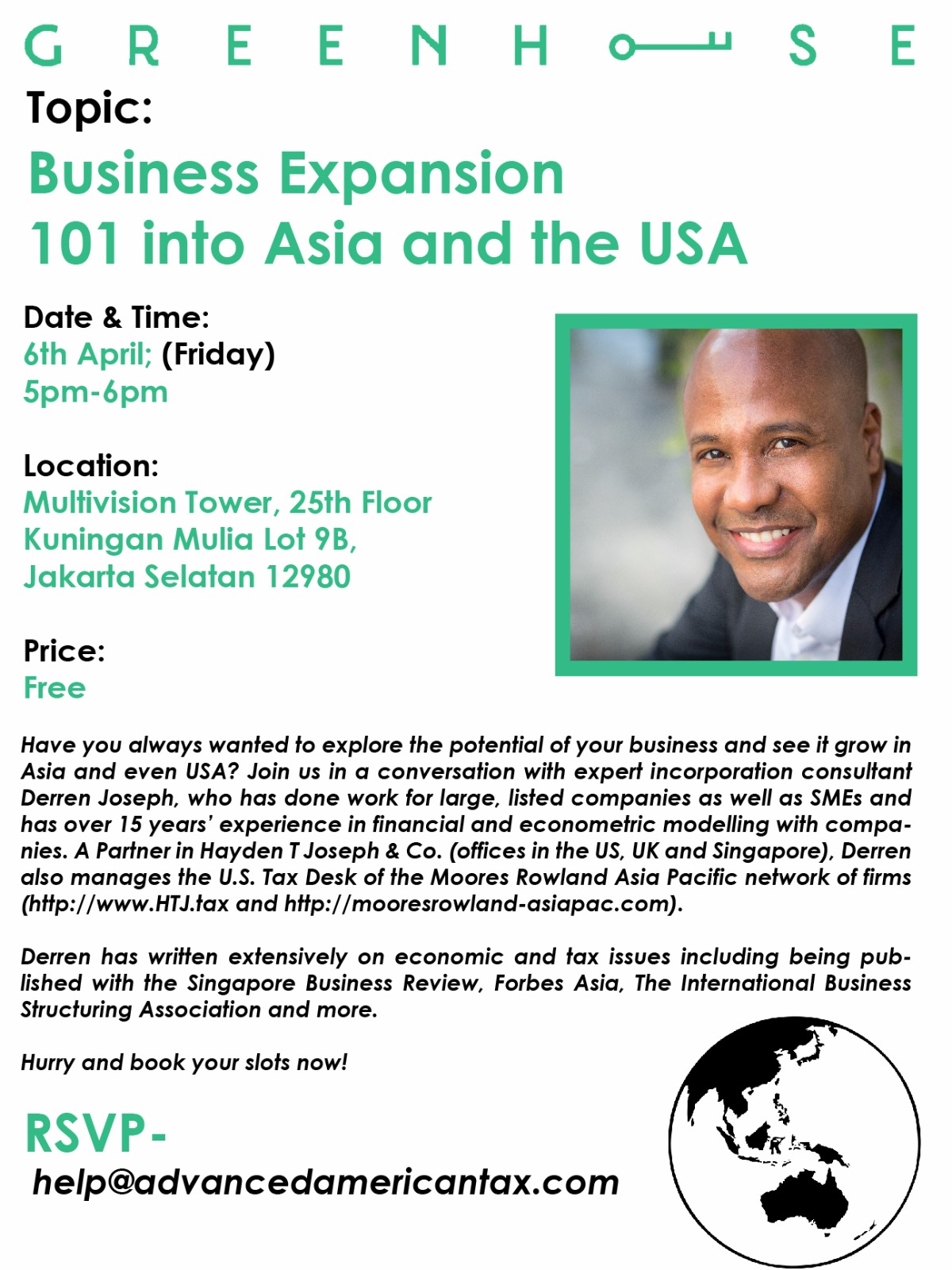 Man smiling in a suit, with text about business expansion into Asia and USA.
