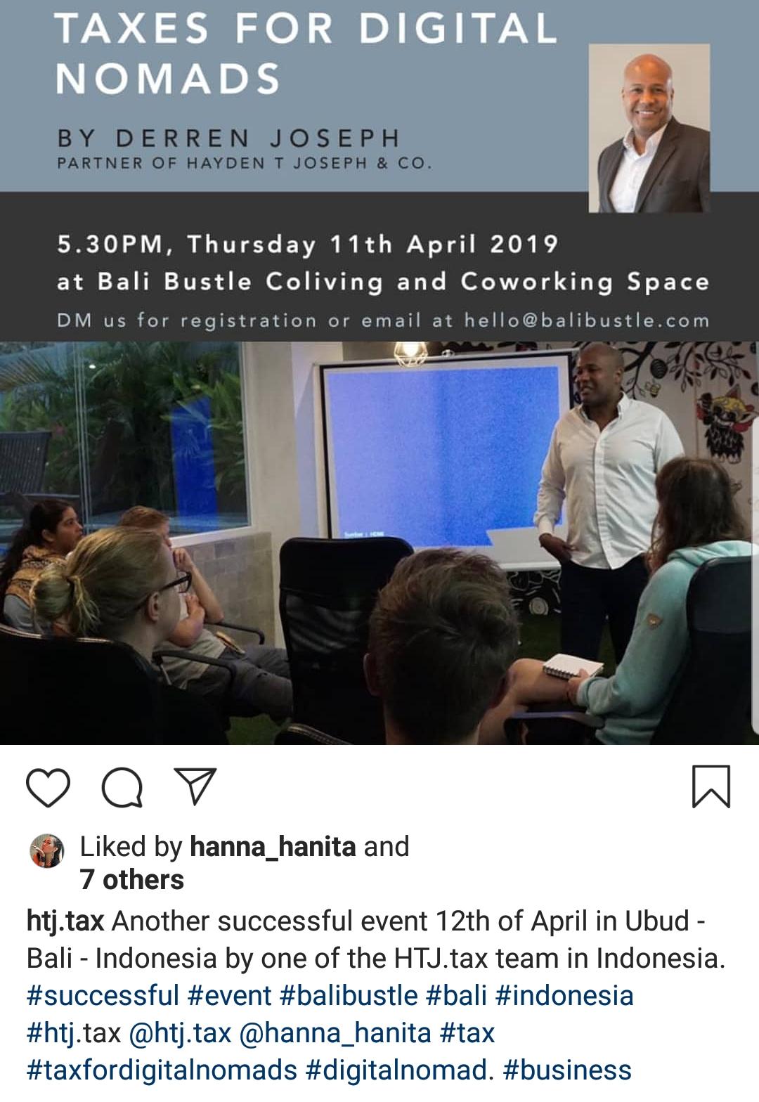 Event poster for Taxes for Digital Nomads by Derren Joseph at Bali Bustle Coliving.