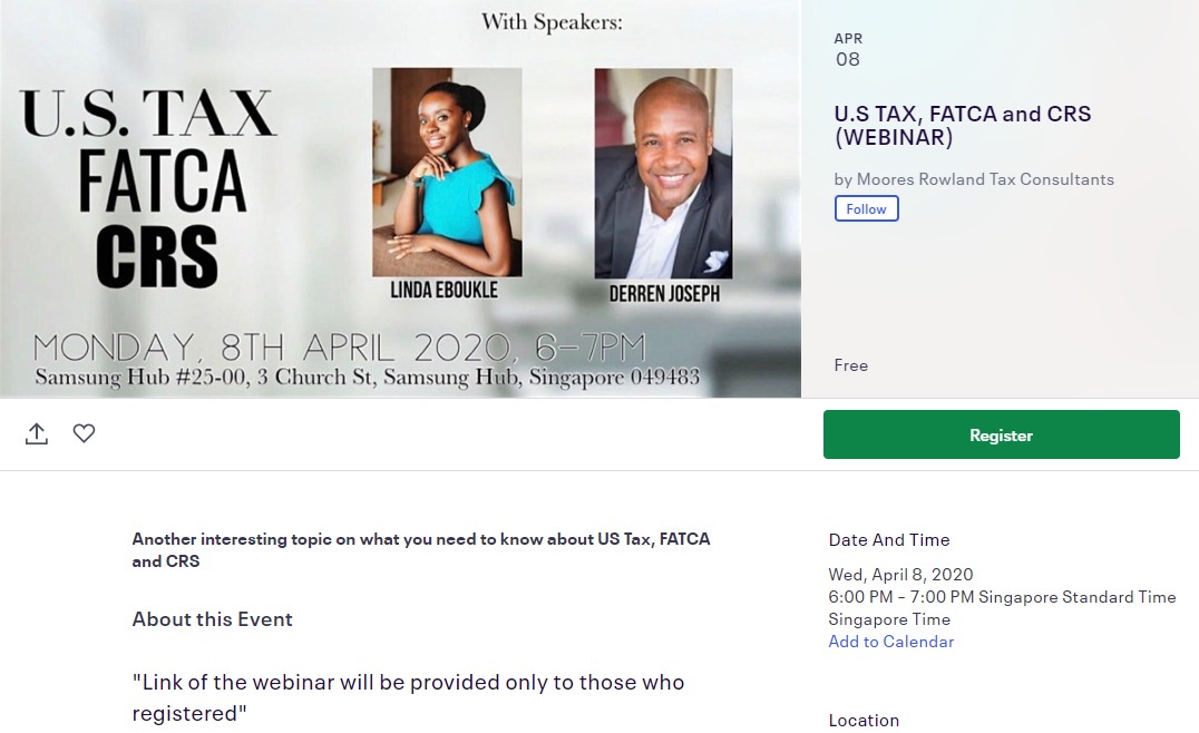 U.S. Tax, FATCA and CRS webinar with speakers Linda Eboukle and Derren Joseph.
