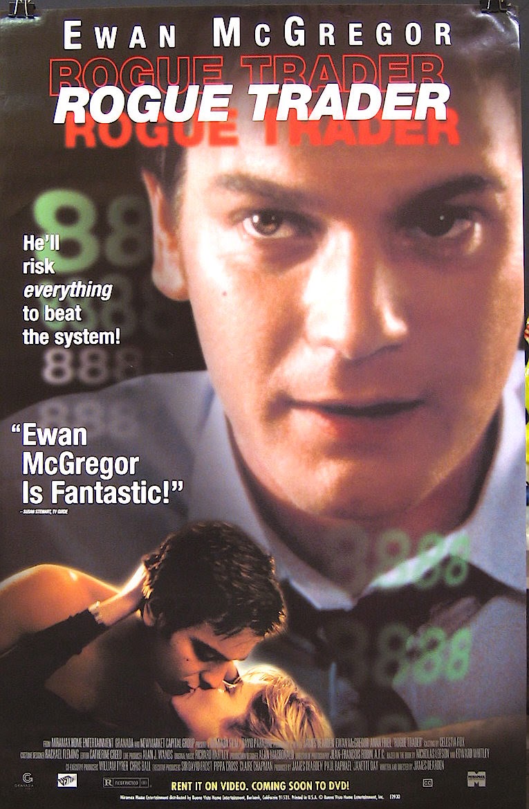 Movie poster for Rogue Trader starring Ewan McGregor. A couple kisses in the foreground.