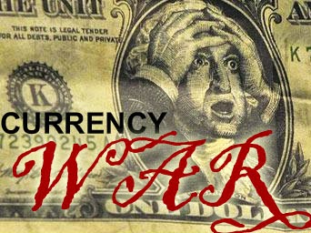 Close-up of a US dollar bill with a distressed face superimposed, text reads CURRENCY WAR.