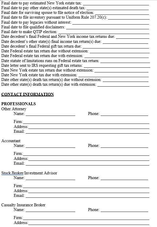 Screenshot of a form listing estate tax deadlines and contact information for professionals.