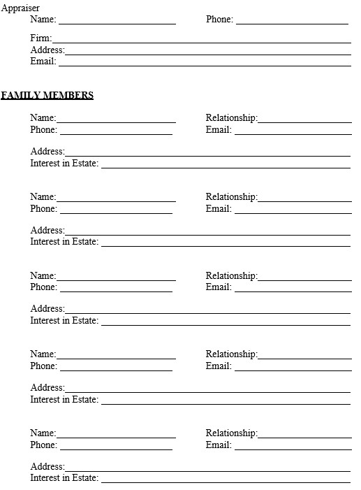 Form section for appraiser and family members with fields for name, phone, address, email, and relationship.