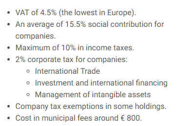 List of Andorran taxes including VAT, social contribution, income tax, and corporate tax.