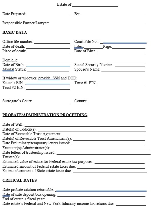 Screenshot of an estate planning form with sections for basic data, probate, and critical dates.