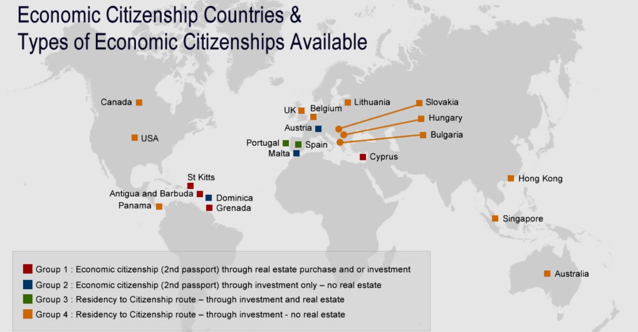 World map showing countries offering economic citizenship and residency programs with a legend.
