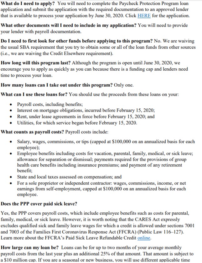 Screenshot of a document detailing Paycheck Protection Program loan information.