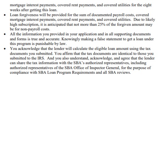 Text detailing loan forgiveness, application accuracy, and tax information sharing with SBA.