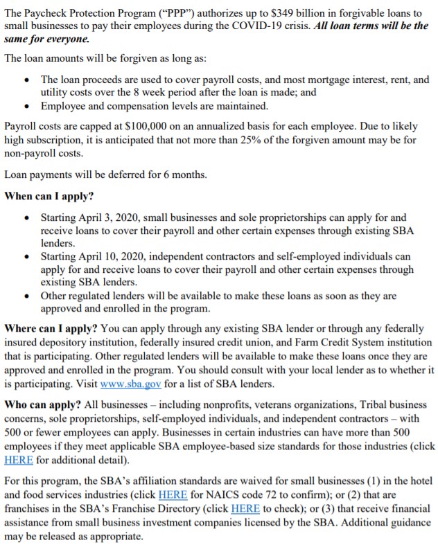 Screenshot of a document detailing the Paycheck Protection Program.