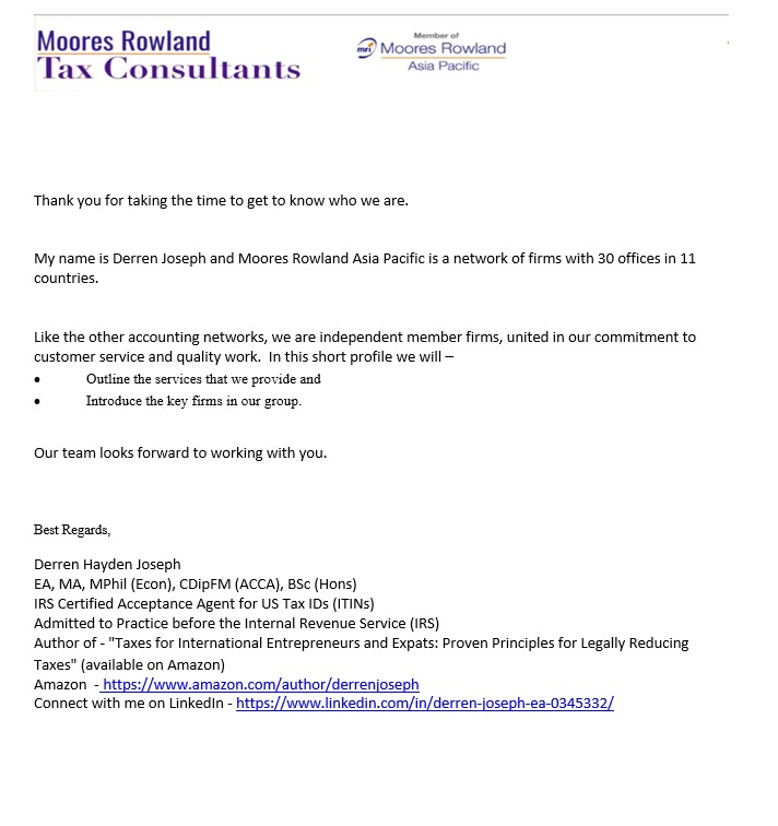 Moores Rowland Tax Consultants letterhead with company logo and contact information.