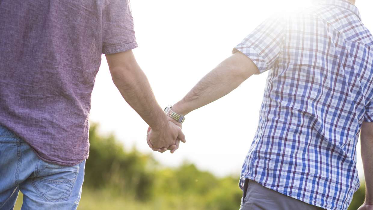 Two men holding hands outdoors with sun flare.