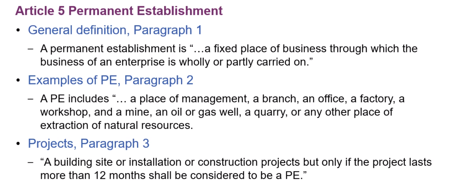 Article 5 Permanent Establishment definitions and examples.