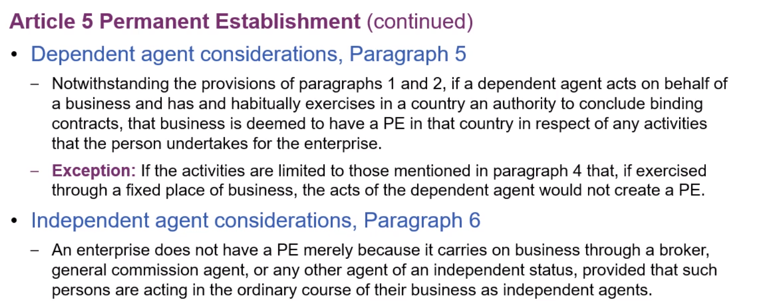 Article 5 Permanent Establishment text on dependent and independent agent considerations.