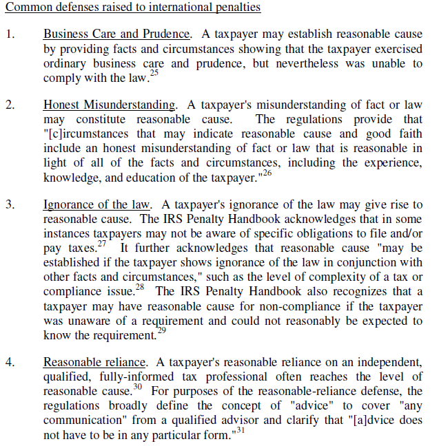 Common defenses raised to international penalties: Business Care, Honest Misunderstanding, Ignorance of Law, Reasonable