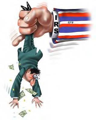 IRS fist grabbing a man upside down, money falling from his pockets.