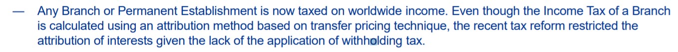 Text discussing worldwide income taxation for branches and permanent establishments.