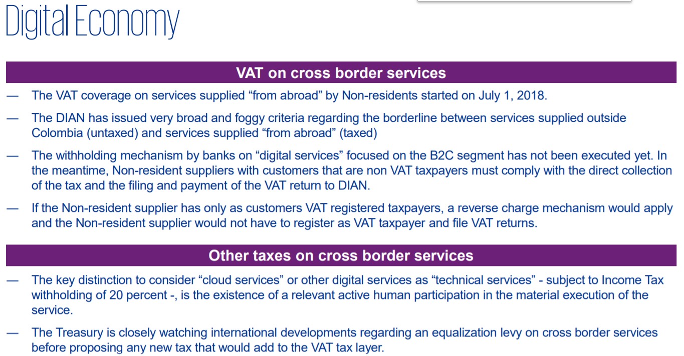 Slide titled Digital Economy with sections on VAT and other taxes on cross border services.