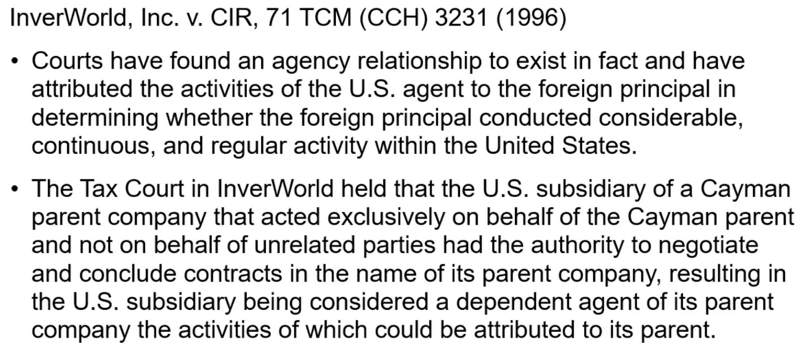 Screenshot of text discussing InverWorld, Inc. v. CIR case and agency relationships.