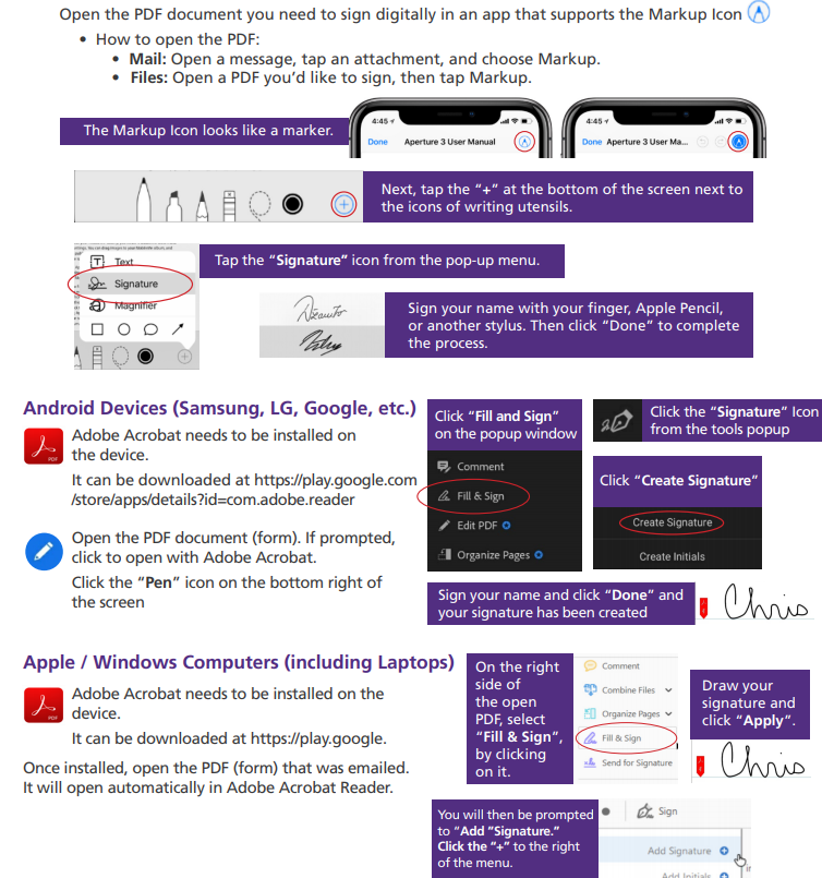 Steps to digitally sign a PDF form on Android and Apple devices.