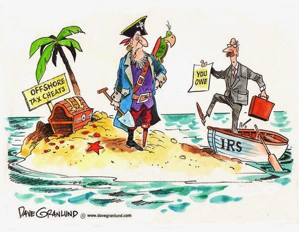 Pirate on island with treasure chest and sign, IRS agent in boat holding 'you owe' paper.