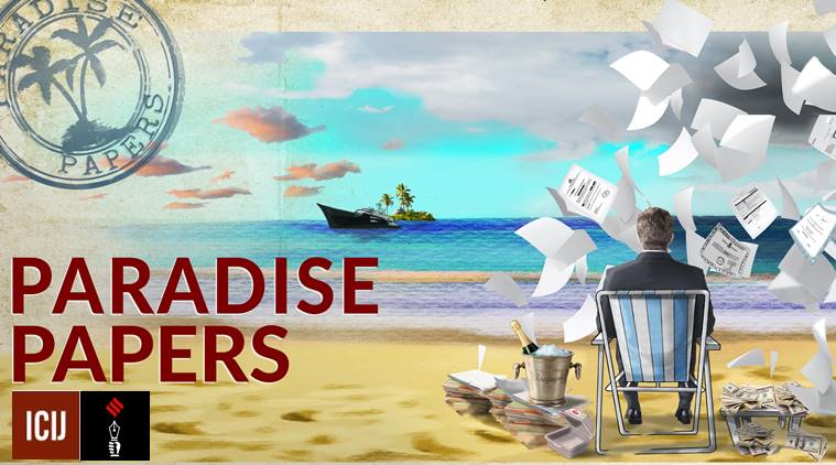 Paradise Papers text with man in chair on beach surrounded by flying papers and money.