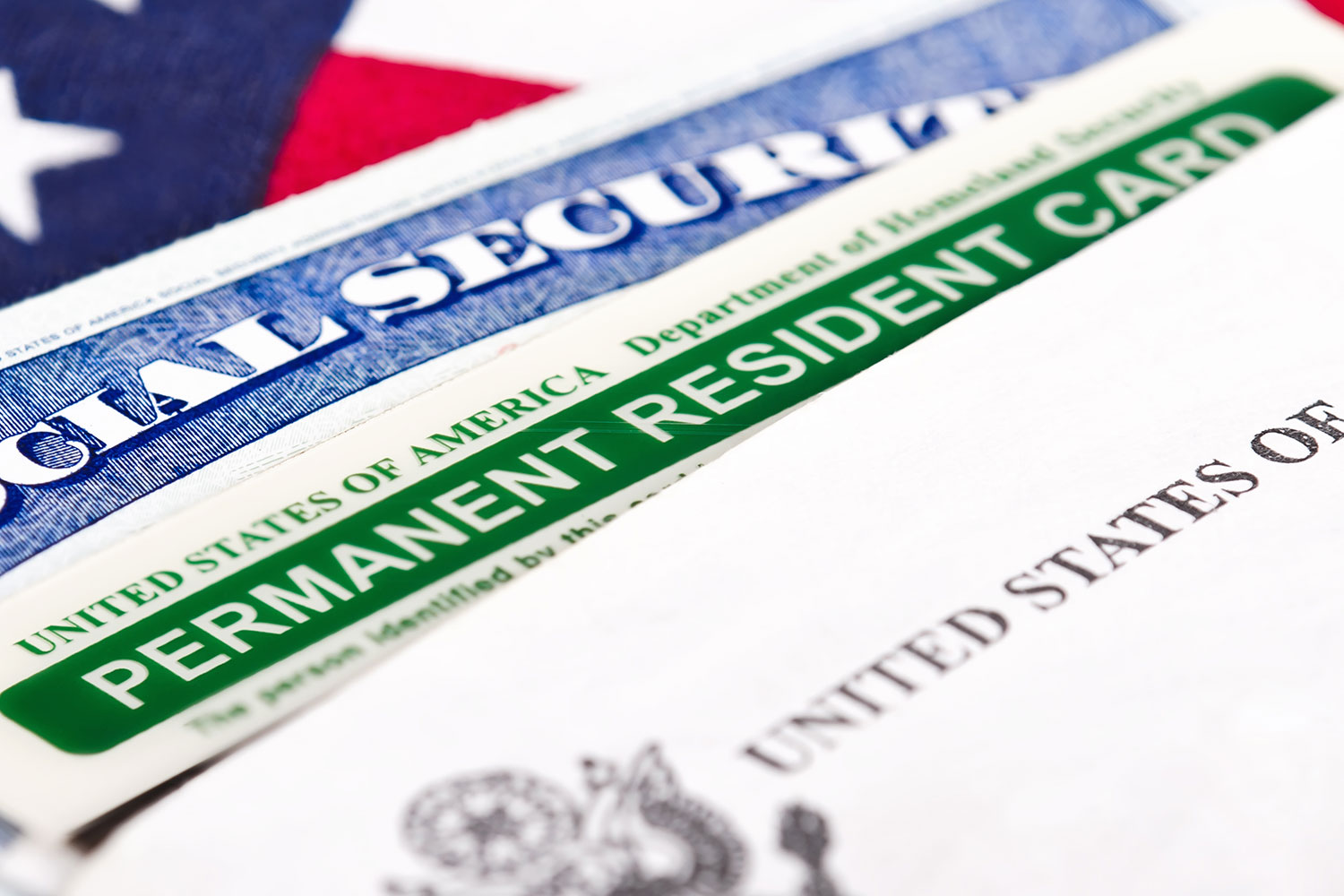 US flag, Social Security card, and Permanent Resident Card