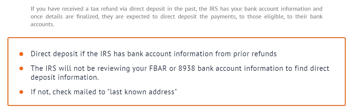 Bullet points about IRS direct deposit of tax refunds and mailing checks.