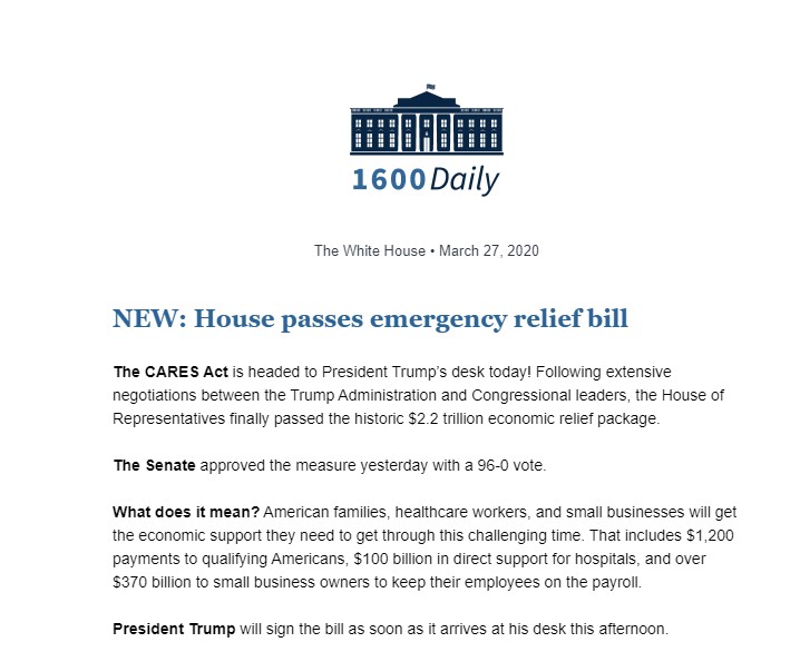 1600 Daily newsletter header with White House illustration and date.