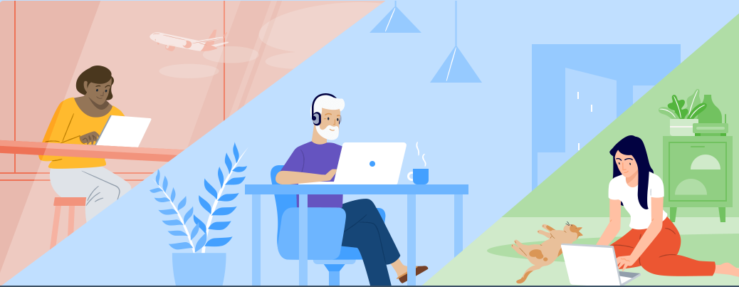 Illustration of people working remotely in different settings, including a cafe, home office, and living room.