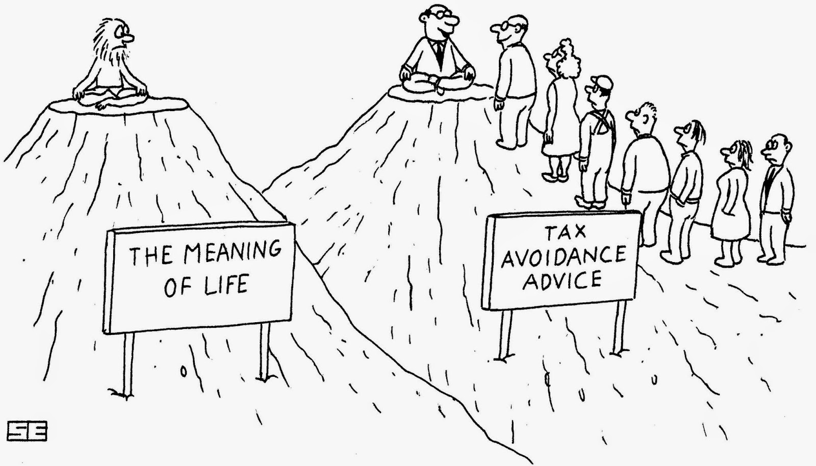 Cartoon of people lining up for tax avoidance advice on a mountain, while one person meditates alone.