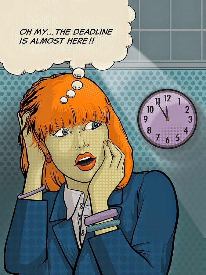 Woman with orange hair in a blue suit, looking stressed, with a thought bubble saying "OH MY... THE DEADLINE IS ALMOST