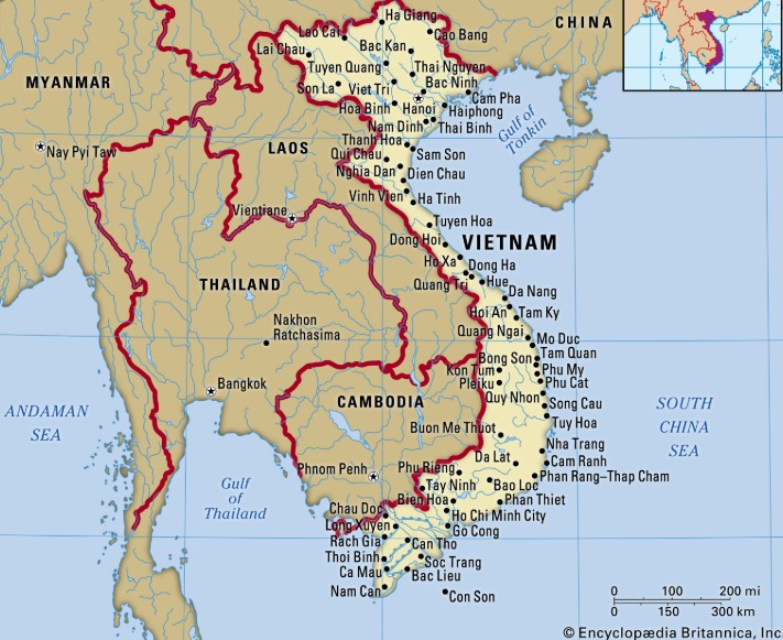 Map of Vietnam and surrounding countries, showing major cities and bodies of water.