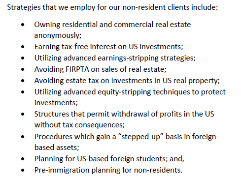 Bulleted list of tax strategies for non-resident clients.