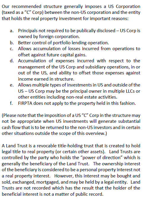 Text discussing US corporate structures for non-US investors and land trusts.