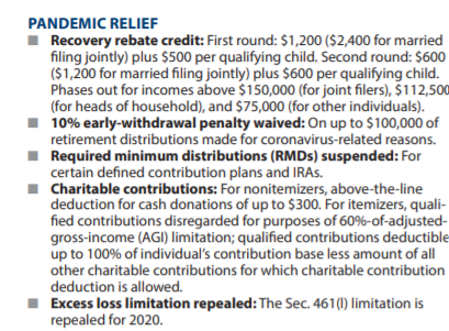 Pandemic relief details including rebate credit, early withdrawal penalty waiver, RMDs, charitable contributions, and excess