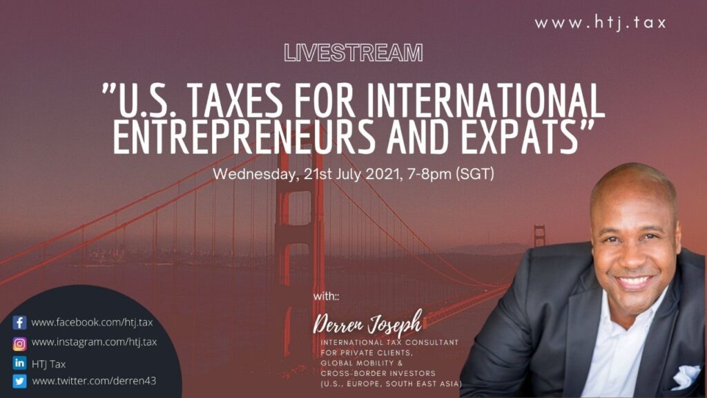 Livestream announcement for "U.S. Taxes for International Entrepreneurs and Expats" with Derren Joseph.