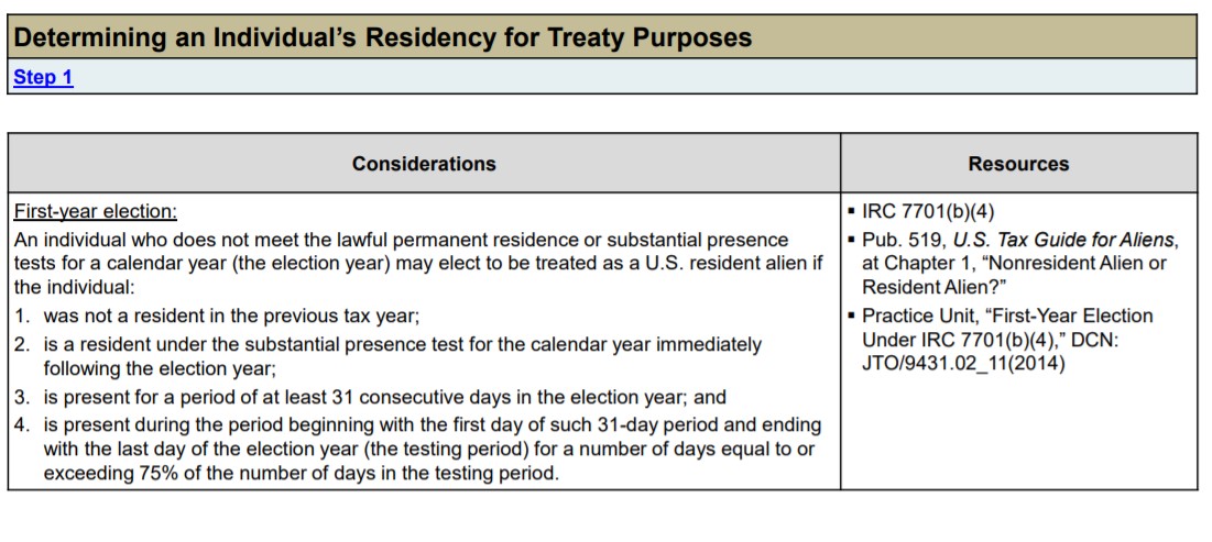 Screenshot of a table titled "Determining an Individual's Residency for Treaty Purposes" with Step 1, Considerations, and