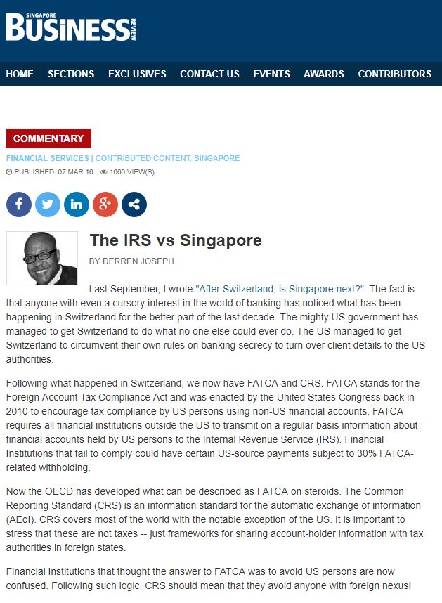 Singapore Business Review logo and article title The IRS vs Singapore.