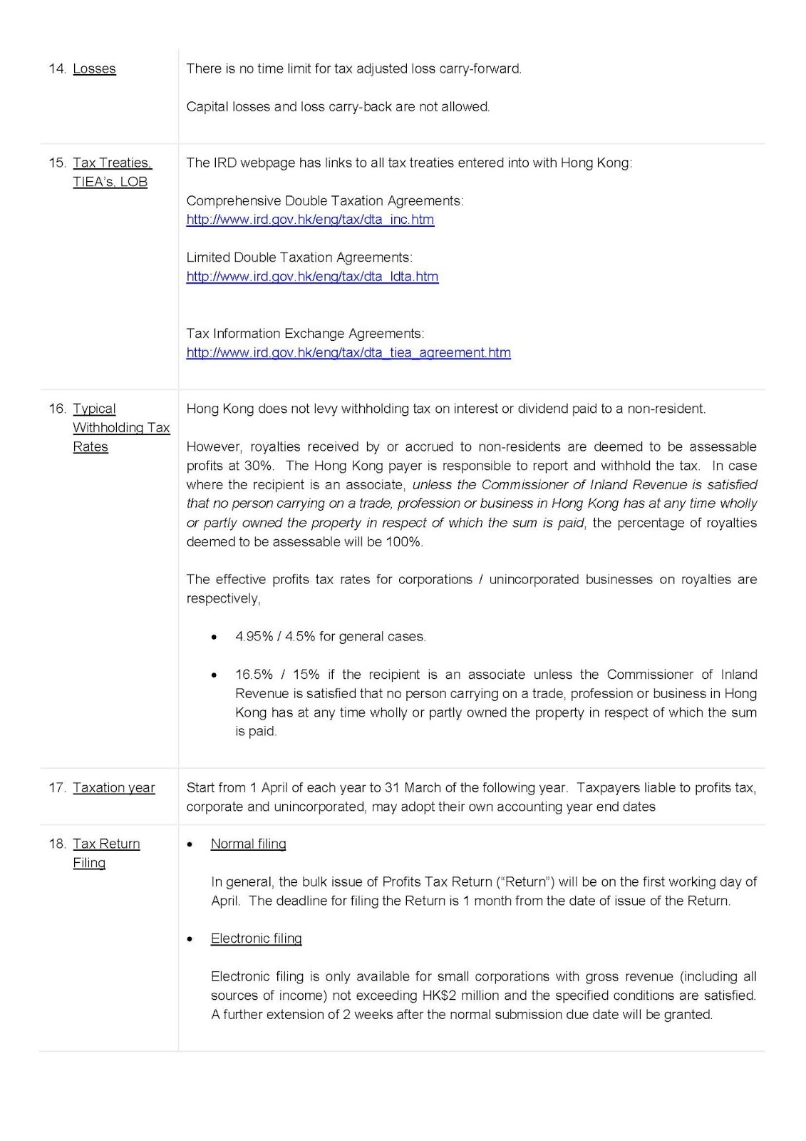 Hong Kong tax guide excerpt detailing losses, tax treaties, withholding tax rates, taxation year, and tax return filing.