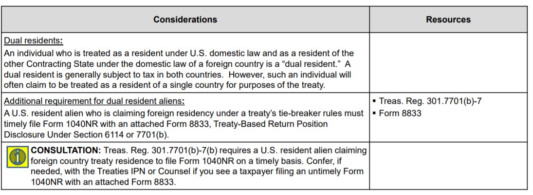 Table with columns Considerations and Resources, detailing dual residents and related forms.