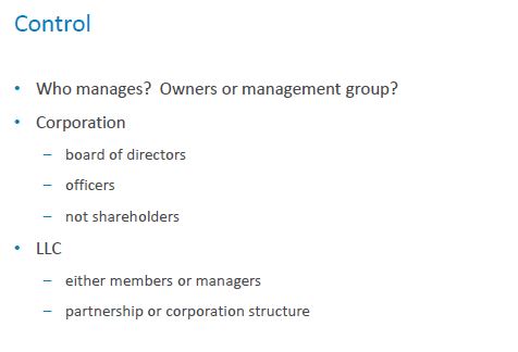 List comparing corporation and LLC management structures under the heading Control.