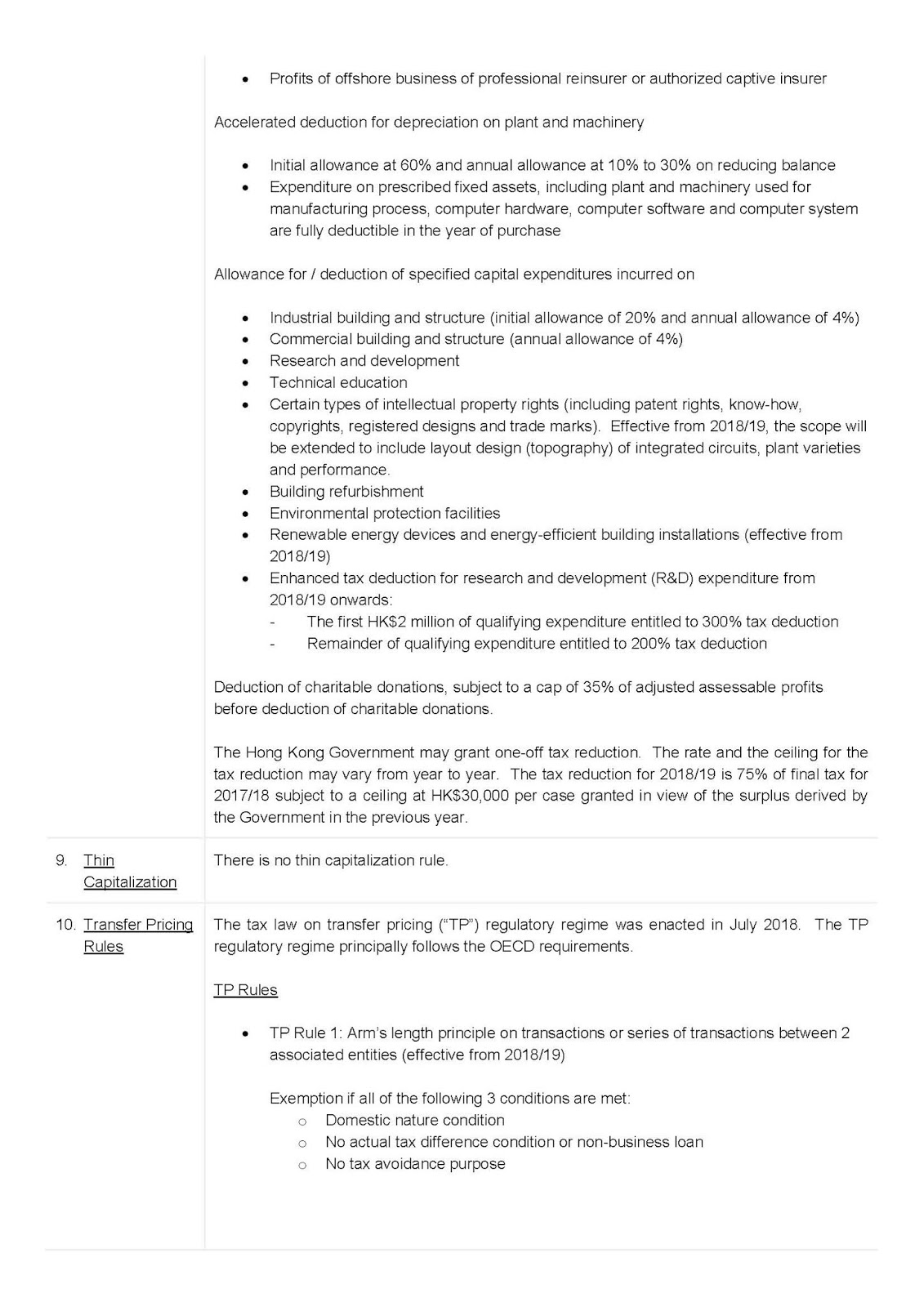 Hong Kong tax guide excerpt detailing capital expenditures, charitable donations, and transfer pricing rules.