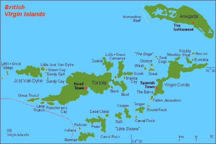Map of the British Virgin Islands showing Tortola, Virgin Gorda, Anegada, and other islands.