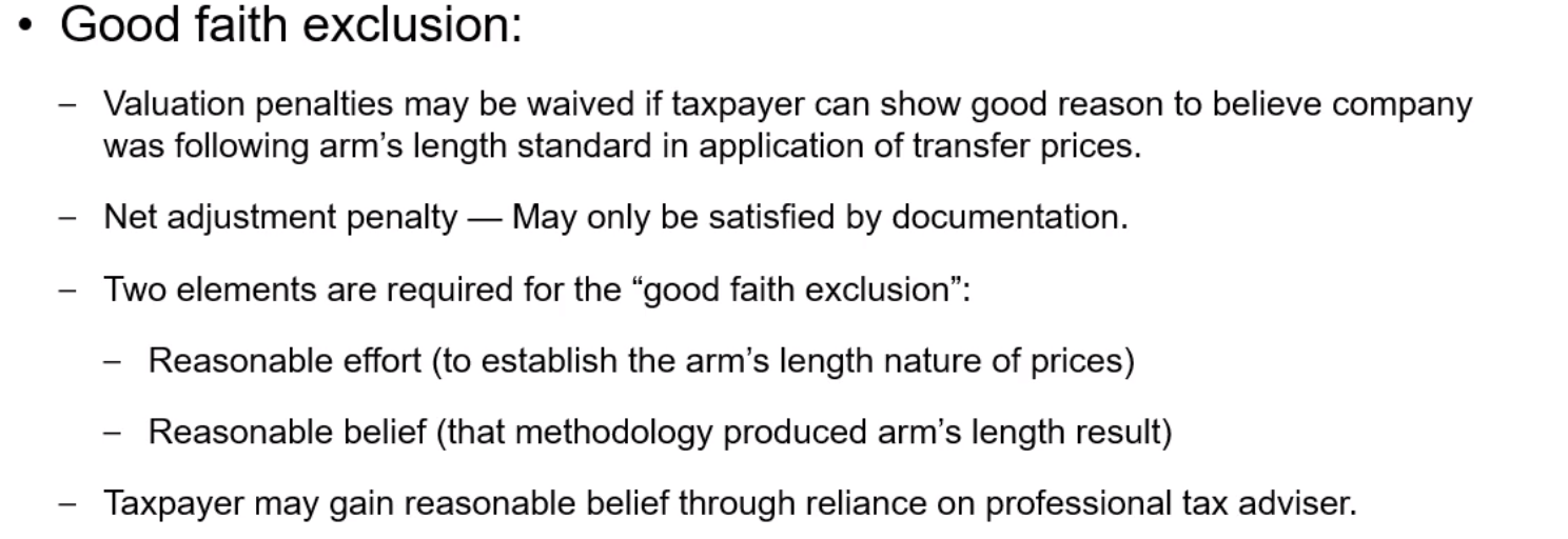 List detailing requirements for "good faith exclusion" in transfer pricing.
