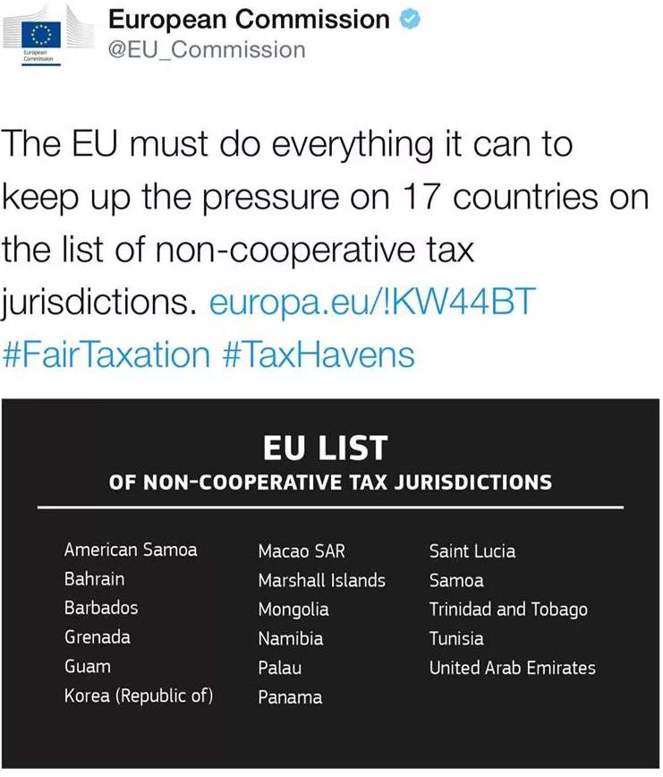 Tweet from European Commission listing non-cooperative tax jurisdictions.