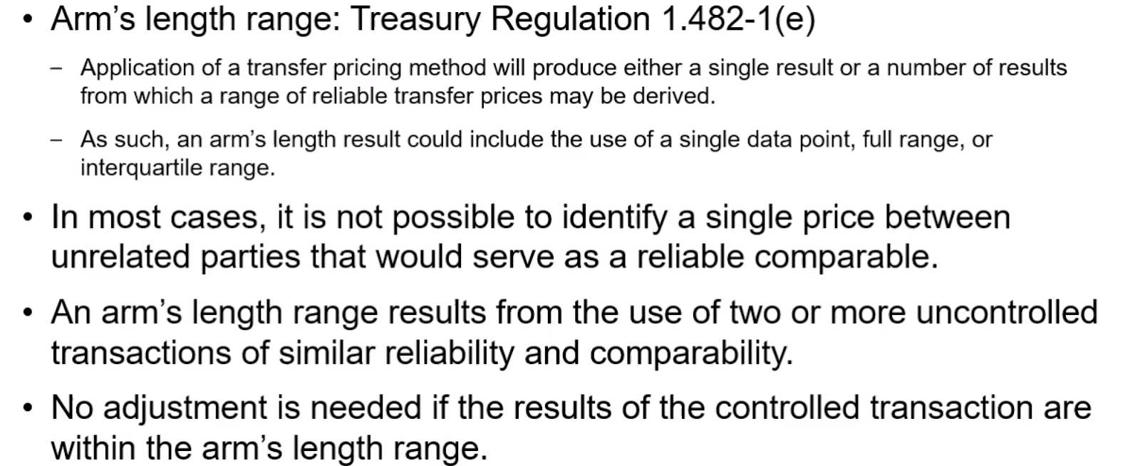 Bullet points discussing arm's length range and Treasury Regulation 1.482-1(e).